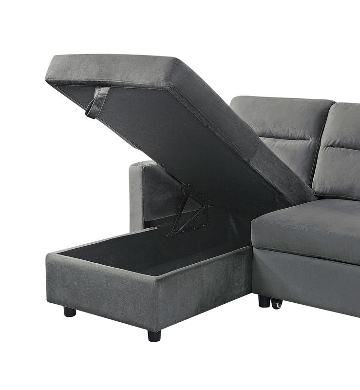 Ivy reversible sleeper sectional sofa with gray fabric, storage chaise and side pocket on Tampa Home & Garden Store