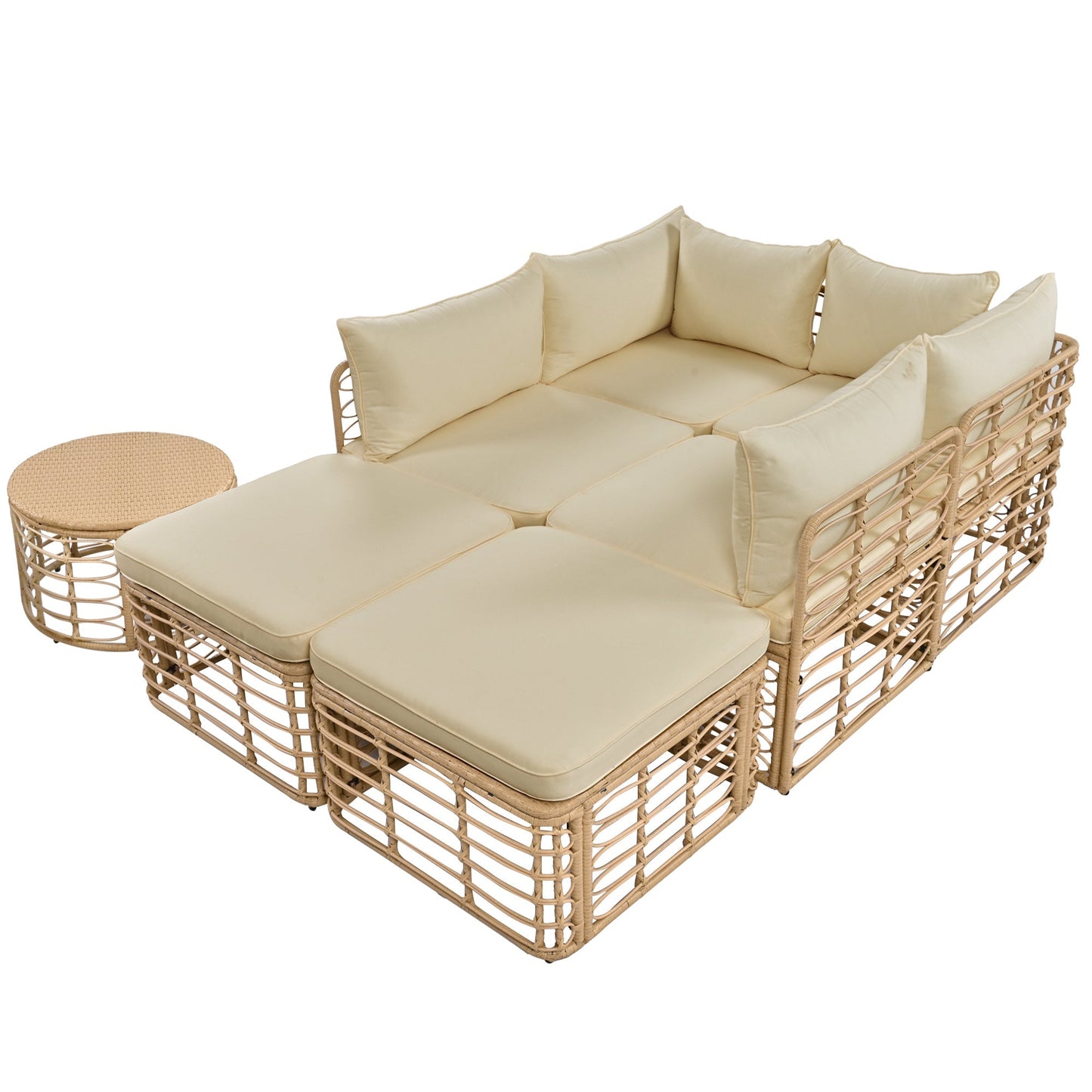 7-Piece brown rattan outdoor furniture set with beige cushions, modular sectional for garden on Tampa Home & Garden Store
