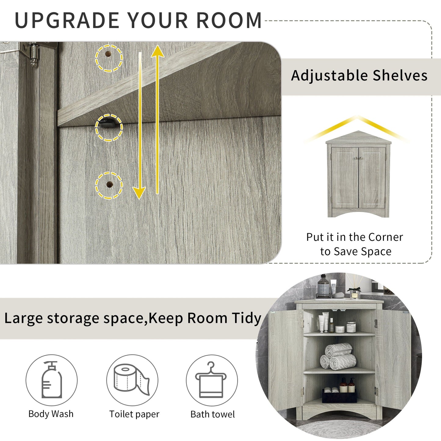 Triangle bathroom storage cabinet with adjustable shelves by HouseOfZazla, gray wood cabinet on Tampa Home & Garden Store