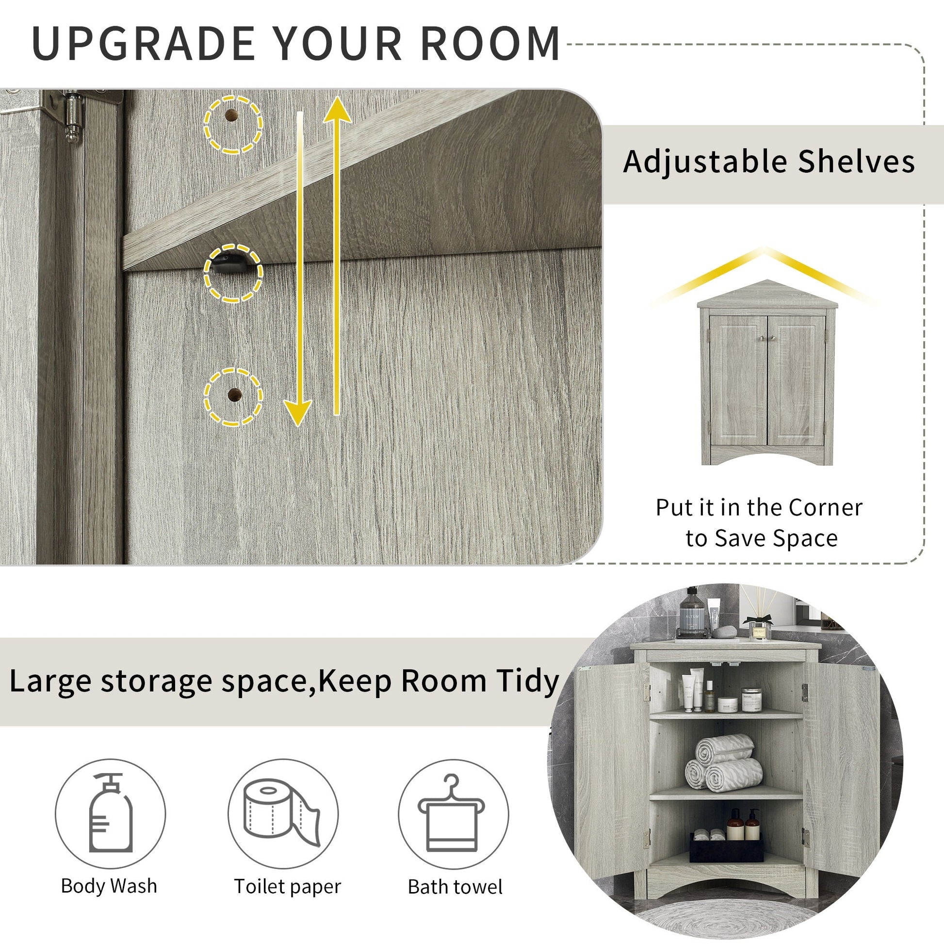 Triangle bathroom storage cabinet with adjustable shelves by HouseOfZazla, gray wood cabinet on Tampa Home & Garden Store