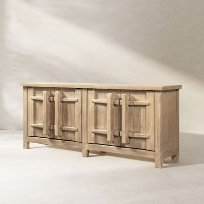 Natural wood four-door sideboard with carved square handles in rustic finish on Tampa Home & Garden Store
