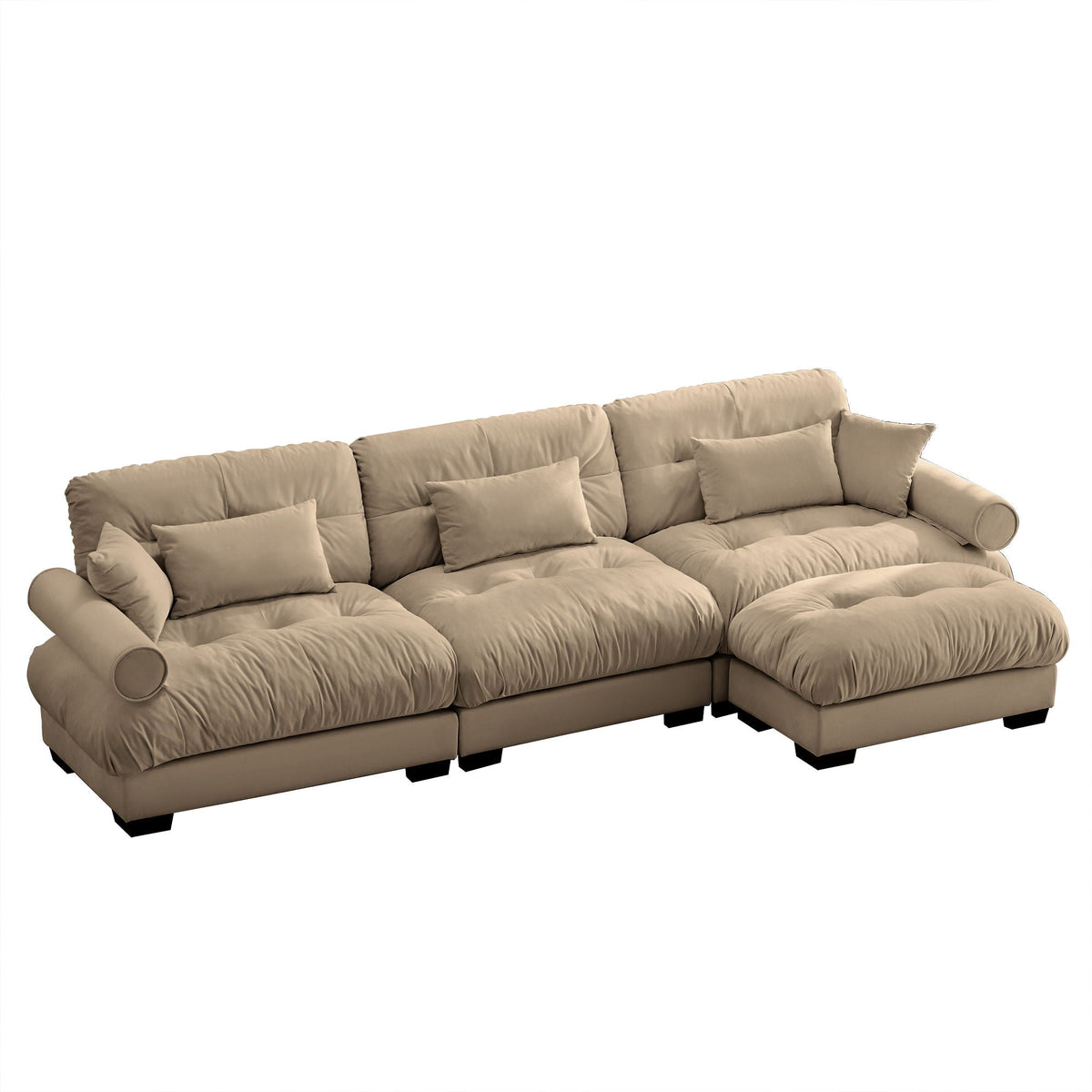 Modern sectional sofa with ottoman, beige fabric, round bolster arms, 2-piece set on Tampa Home & Garden Store