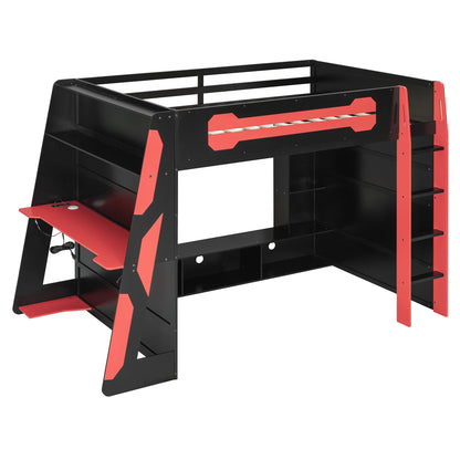 Full size wood loft bed with desk and multi storage shelves, black frame with red accents on Tampa Home & Garden Store