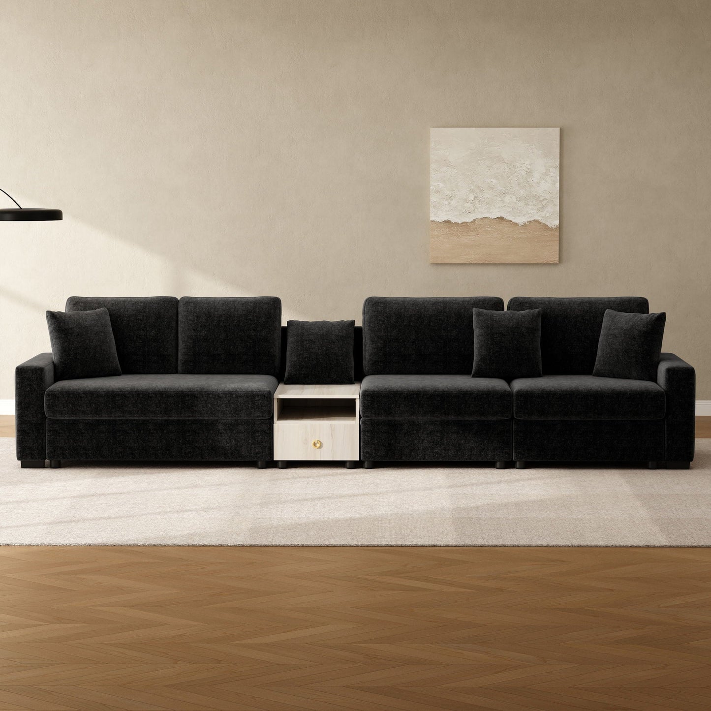 Modular sofa couch in black fabric with light wood center console and storage drawer on Tampa Home & Garden Store