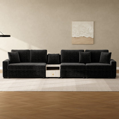 Modular sofa couch in black fabric with light wood center console and storage drawer on Tampa Home & Garden Store