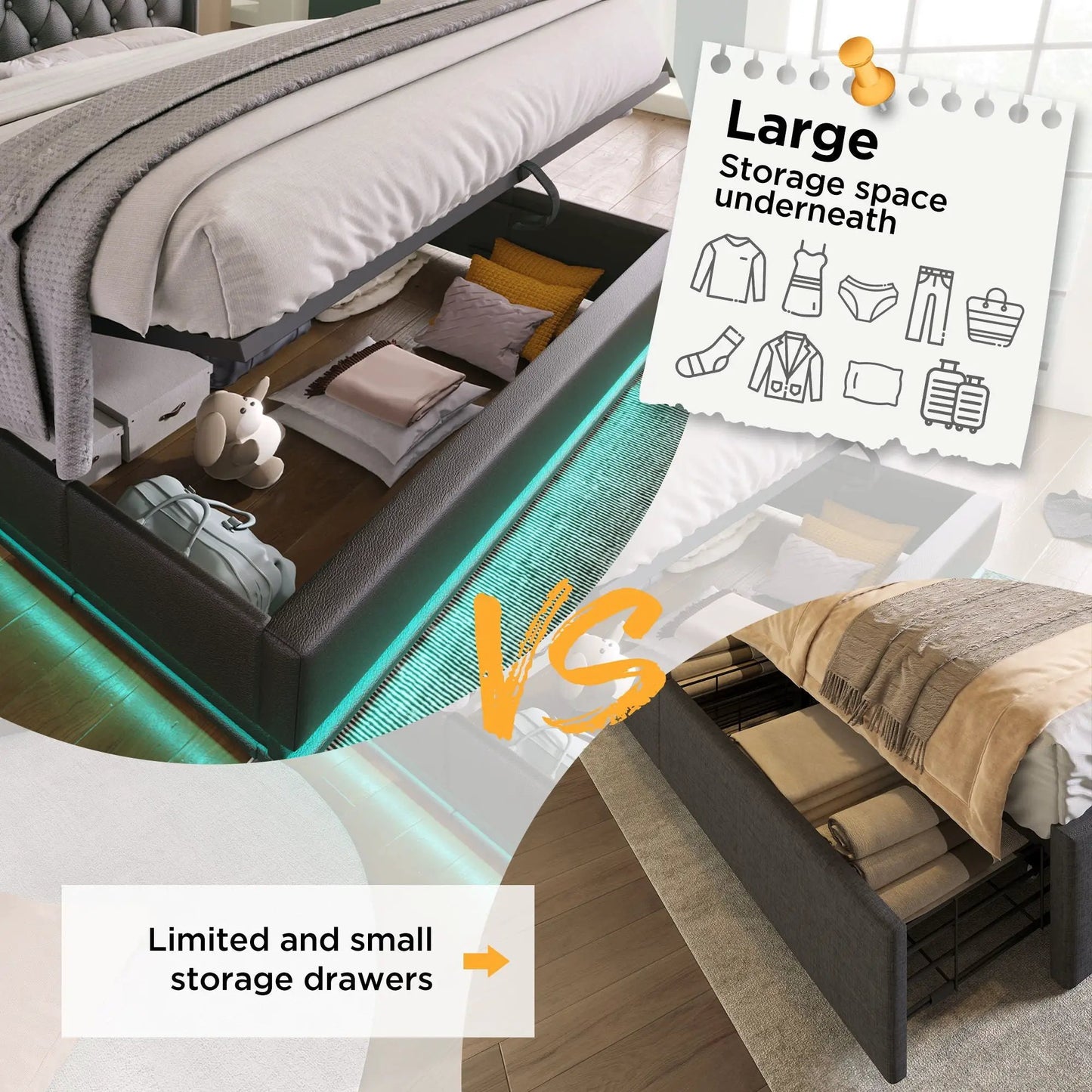 Upholstered gray storage bed with 360 LED and hydraulic underbed storage on Tampa Home & Garden Store