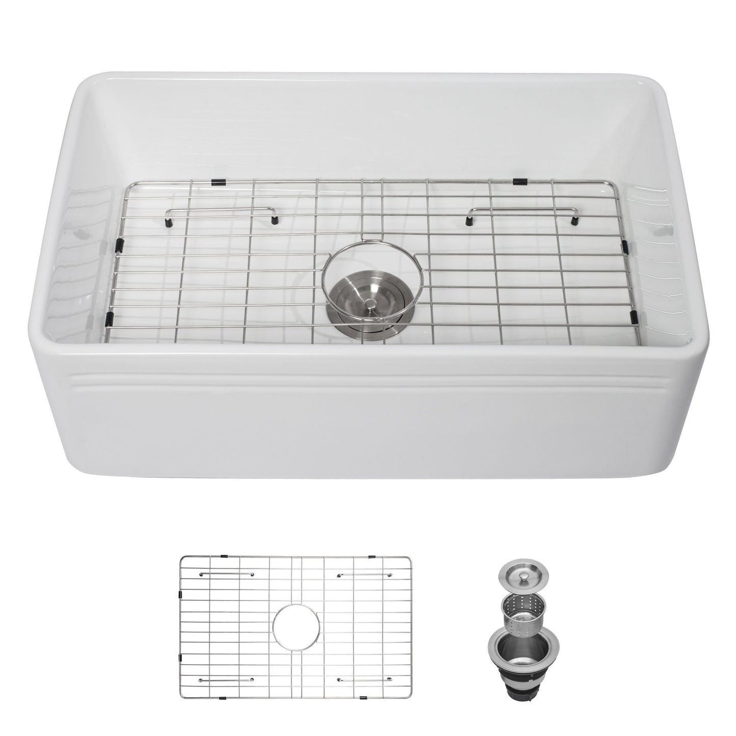 Undermount farmhouse apron front white ceramic single-bowl sink with stainless steel rack on Tampa Home & Garden Store