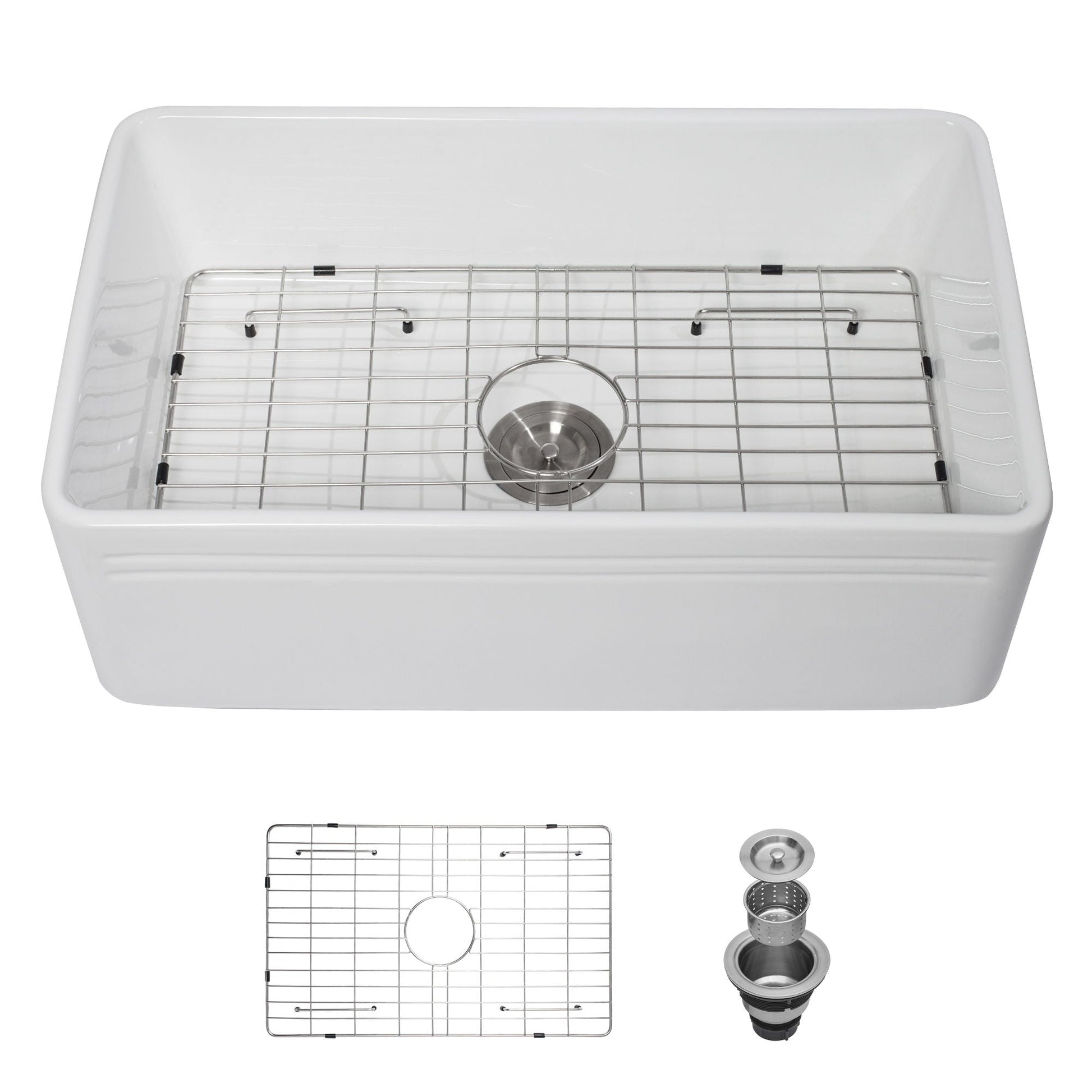 Undermount farmhouse apron front white ceramic single-bowl sink with stainless steel rack on Tampa Home & Garden Store