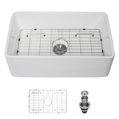 Undermount farmhouse apron front white ceramic single-bowl sink with stainless steel rack on Tampa Home & Garden Store