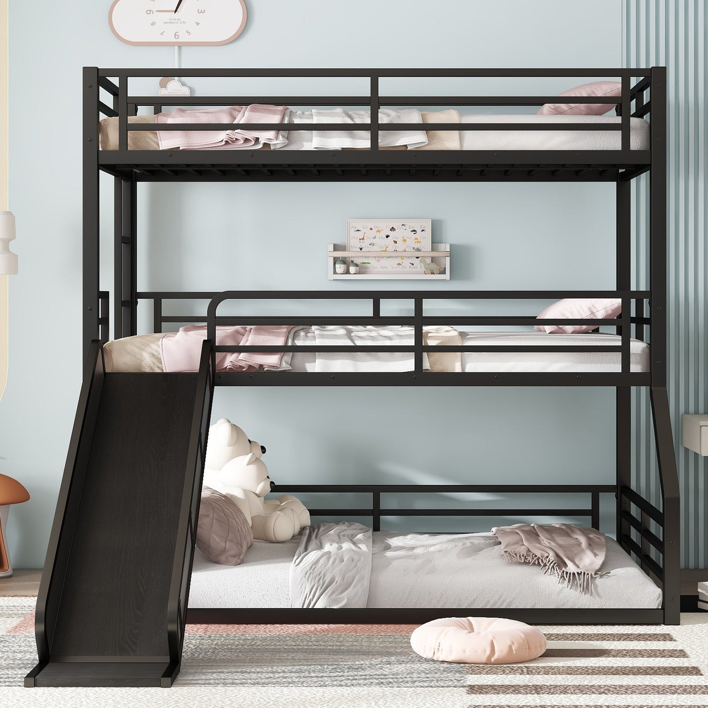 Twin Over Twin Over Full Bunk Bed with Slide black metal frame HouseOfZazla on Tampa Home & Garden Store