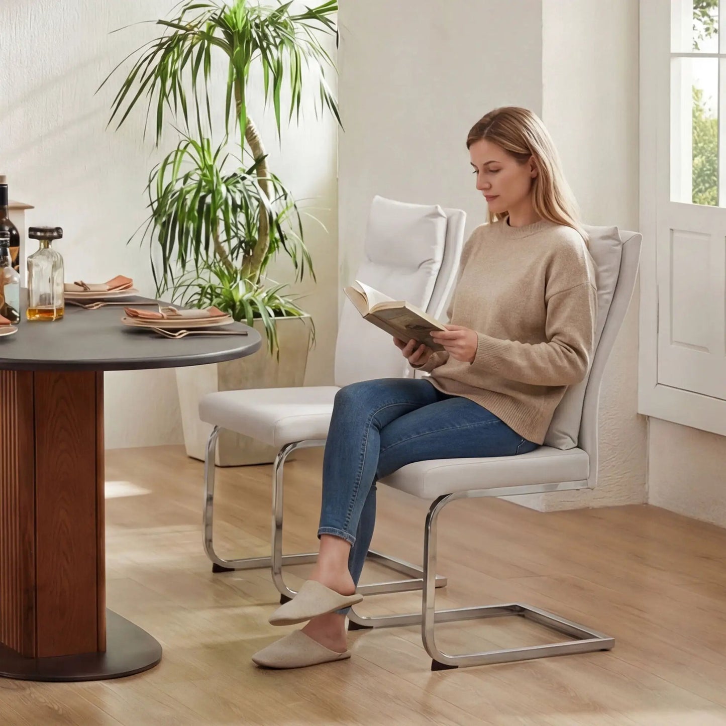 Modern dining chair set cream cushions with chrome cantilever legs 2 pcs Unique Piece Furniture on Tampa Home & Garden Store