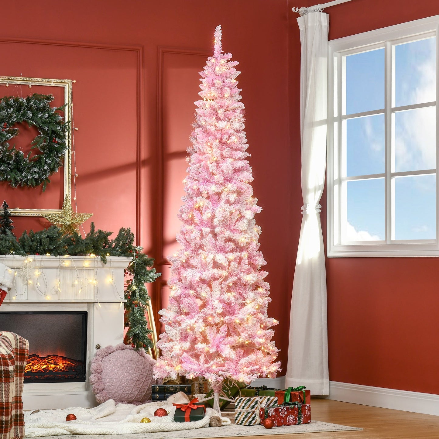 Homcom 7.5ft pink prelit snow-flocked artificial Christmas tree in a red room with presents on Tampa Home & Garden Store