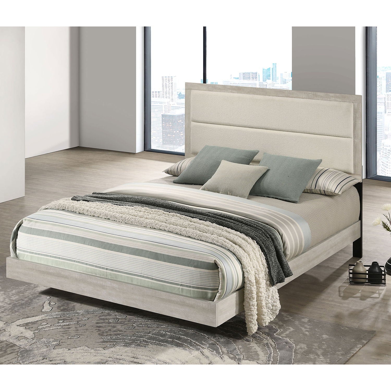 Strout Queen Panel Bed with Upholstered Headboard rustic beige light wood frame HouseOfZazla on Tampa Home & Garden Store