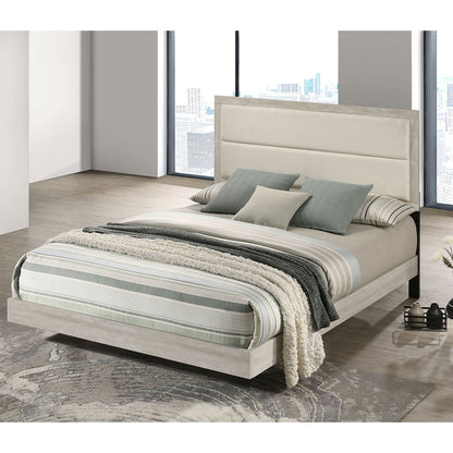 Strout Queen Panel Bed with Upholstered Headboard rustic beige light wood frame HouseOfZazla on Tampa Home & Garden Store