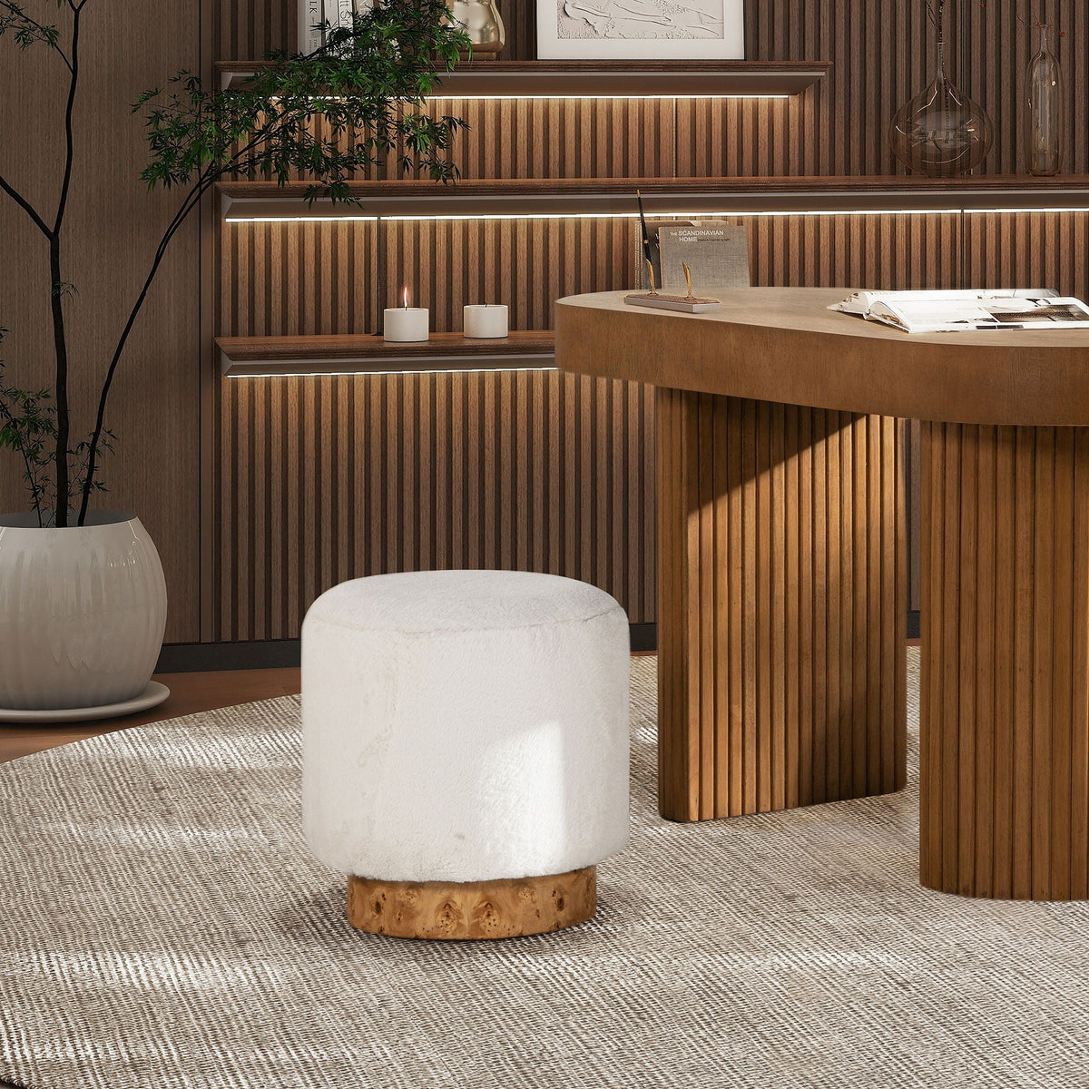Round fur upholstered pouf ottoman with burl base in white, storage ottoman by HouseOfZazla on Tampa Home & Garden Store