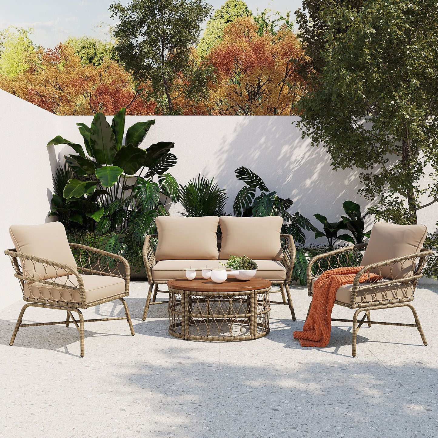 Bohemia-Inspired 4-Person outdoor seating set with removable cushions on woven rattan on Tampa Home & Garden Store