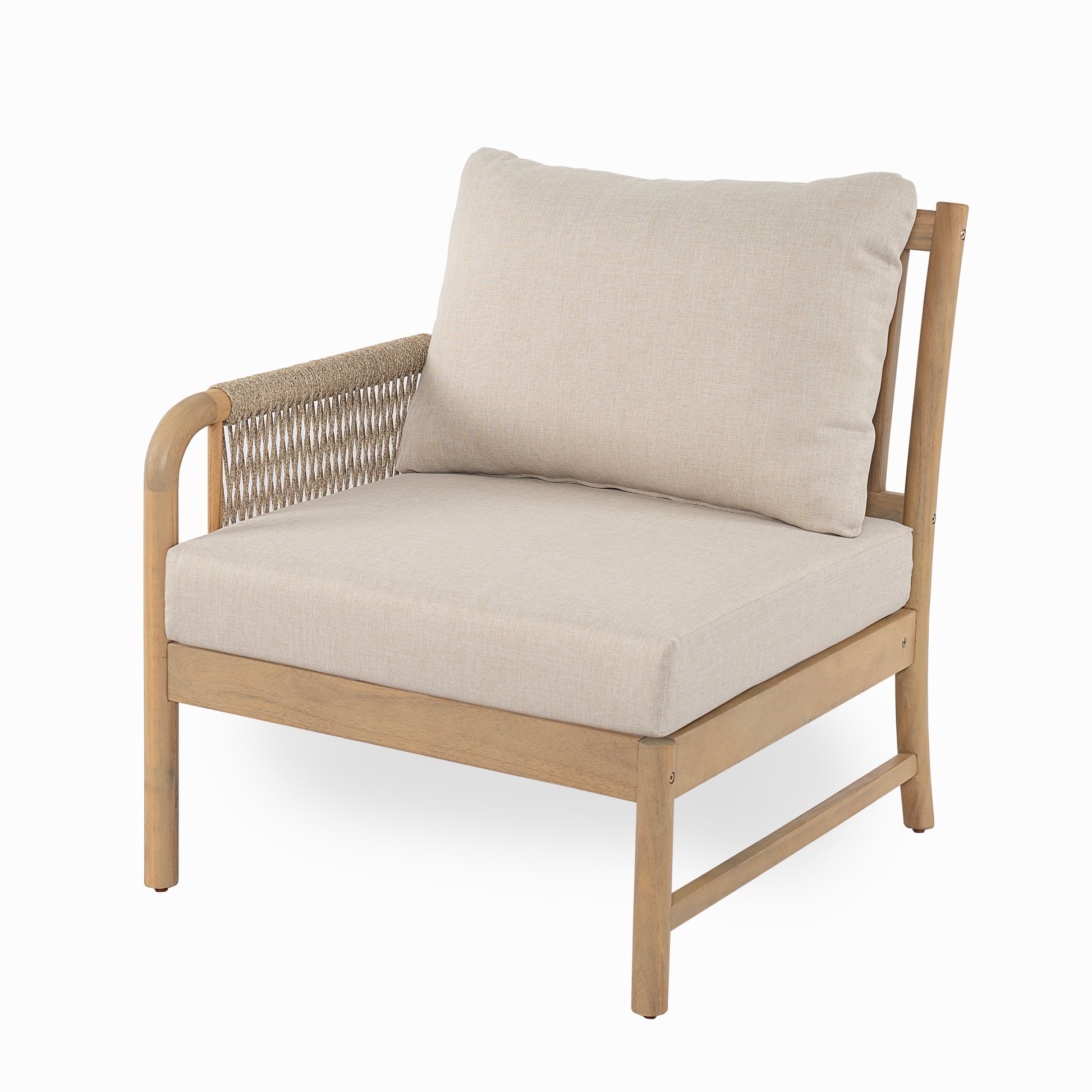 HouseOfZazla Casper Outdoor chair from 7-piece patio set with beige cushions and wood frame on Tampa Home & Garden Store