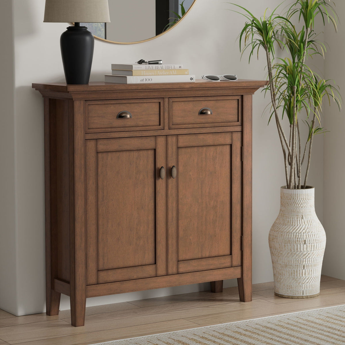 Entryway cabinet brown wood with adjustable shelves and two top drawers on Tampa Home & Garden Store