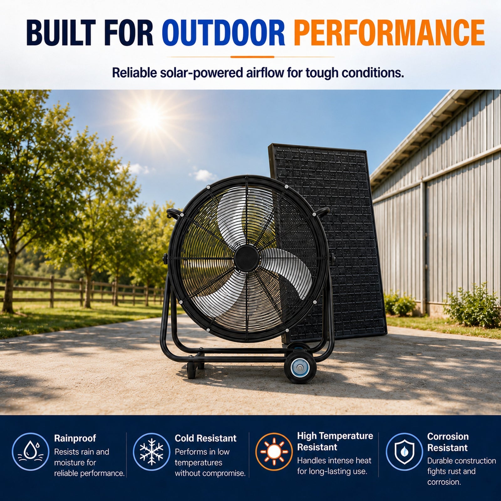 24-inch solar floor-standing ventilation fan with adjustable solar panel, black wheeled stand on Tampa Home & Garden Store