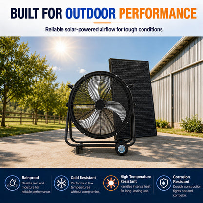 24-inch solar floor-standing ventilation fan with adjustable solar panel, black wheeled stand on Tampa Home & Garden Store