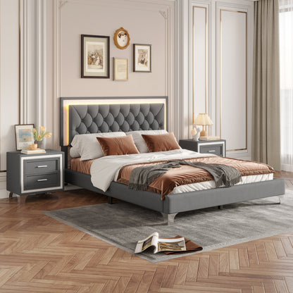 3-Pieces Bedroom Set Queen upholstered bed with LED lights and 2 nightstands gray fabric on Tampa Home & Garden Store