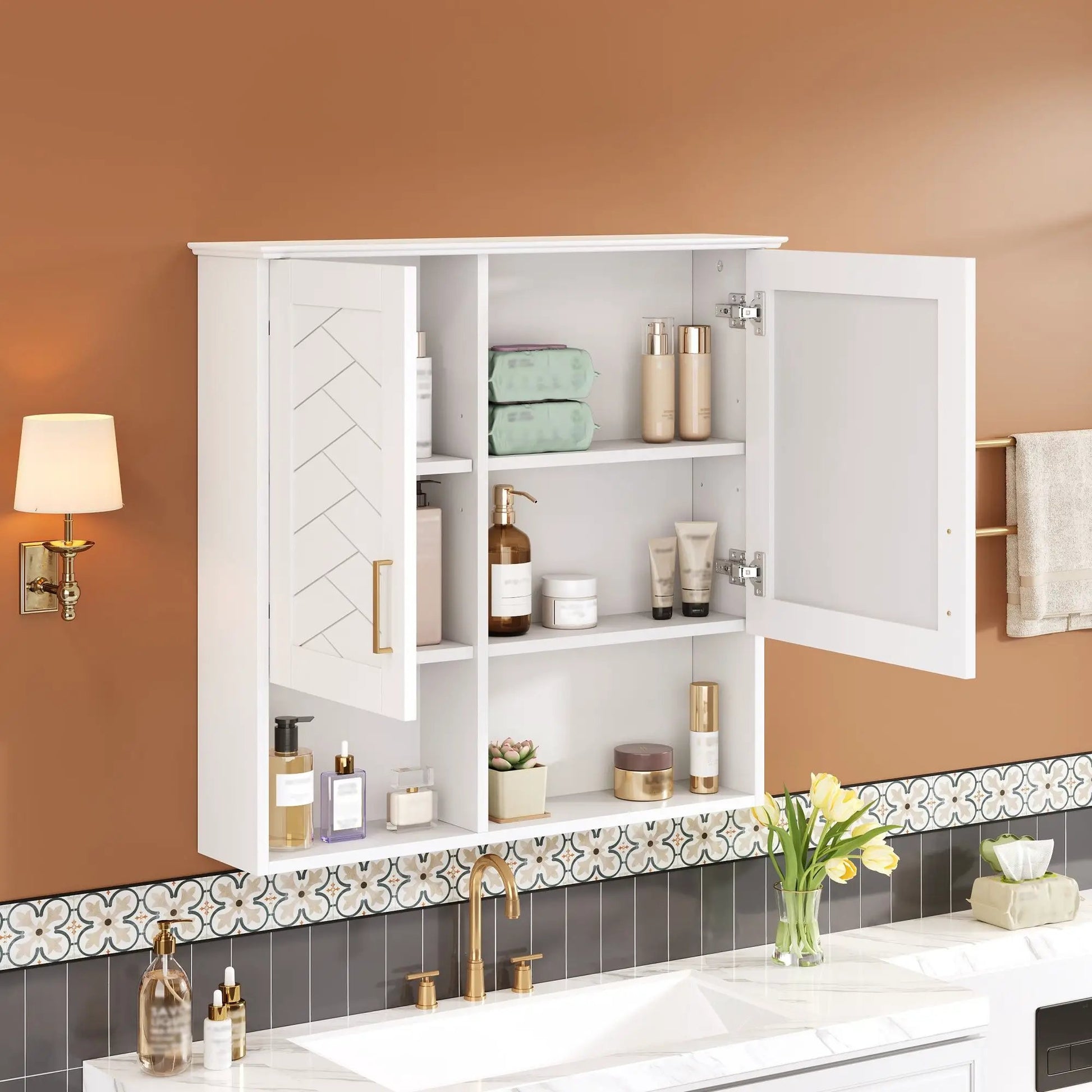 2-in-1 wall-mounted medicine cabinet with adjustable shelves revealing bottles on Tampa Home & Garden Store