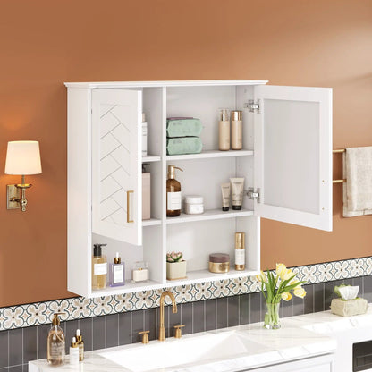 2-in-1 wall-mounted medicine cabinet with adjustable shelves revealing bottles on Tampa Home & Garden Store