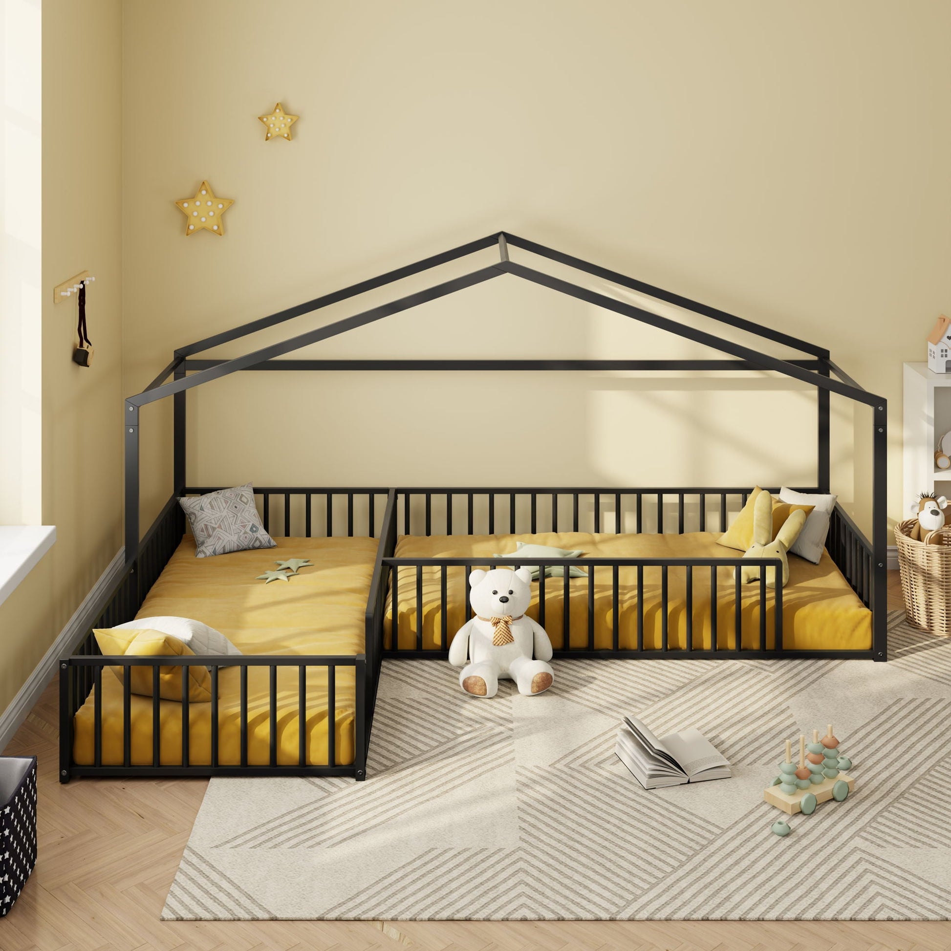 L-shaped Montessori bed for 2 kids with partition fence, black metal frame mustard bedding on Tampa Home & Garden Store