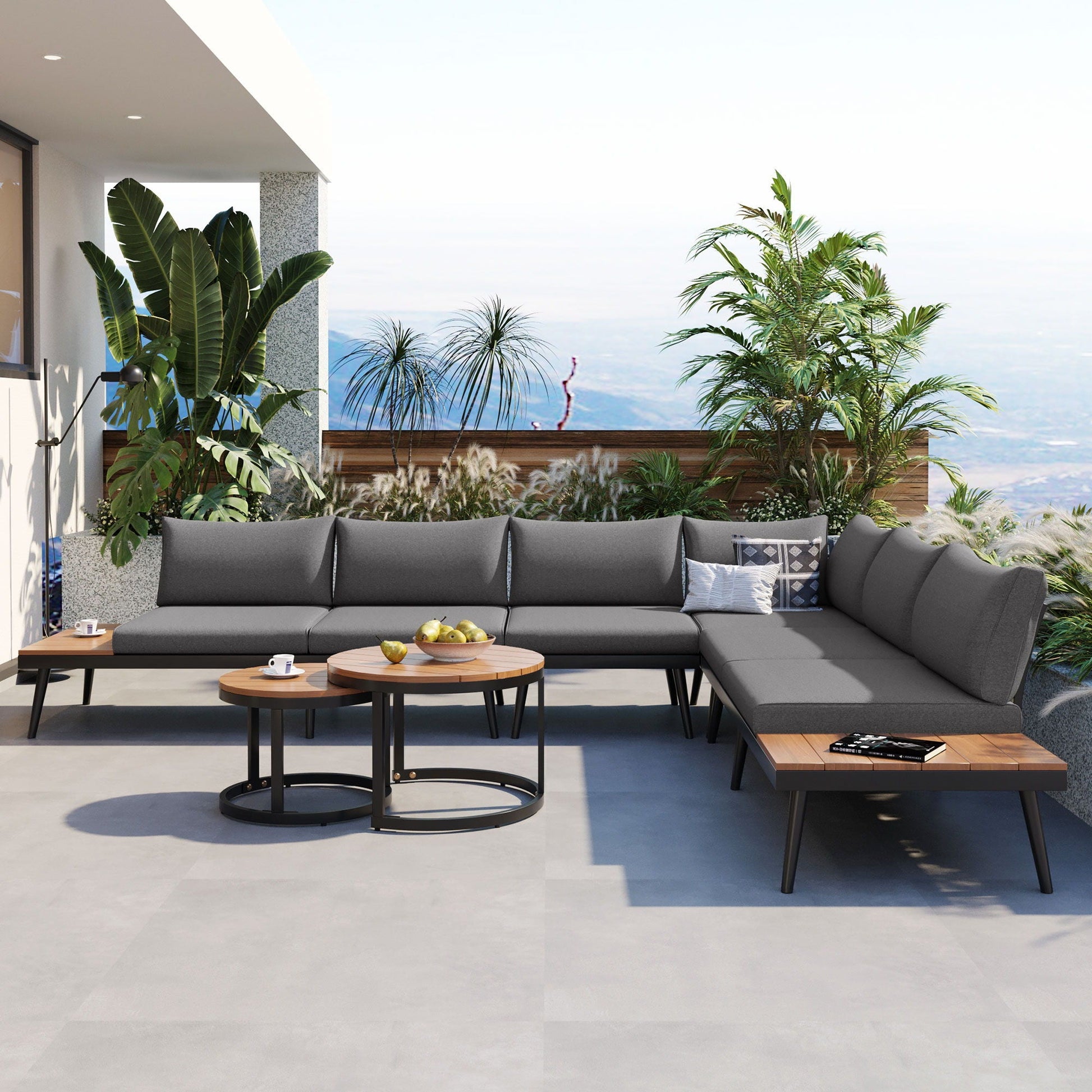Modern outdoor sectional sofa set with nesting coffee tables, 6pc, gray cushions by HouseOfZazla on Tampa Home & Garden Store