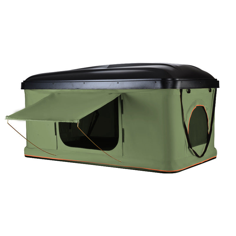 Sell My Stuff green canvas hard shell roof tent with orange trim and fold-out awning on Tampa Home & Garden Store