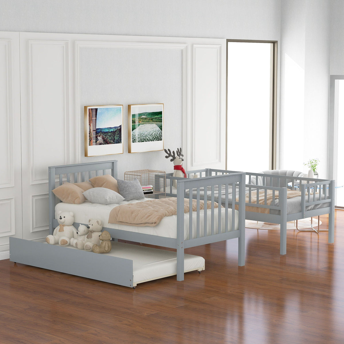 Bunk Bed With Staircase, two gray wooden bunk beds with beige bedding, HouseOfZazla on Tampa Home & Garden Store