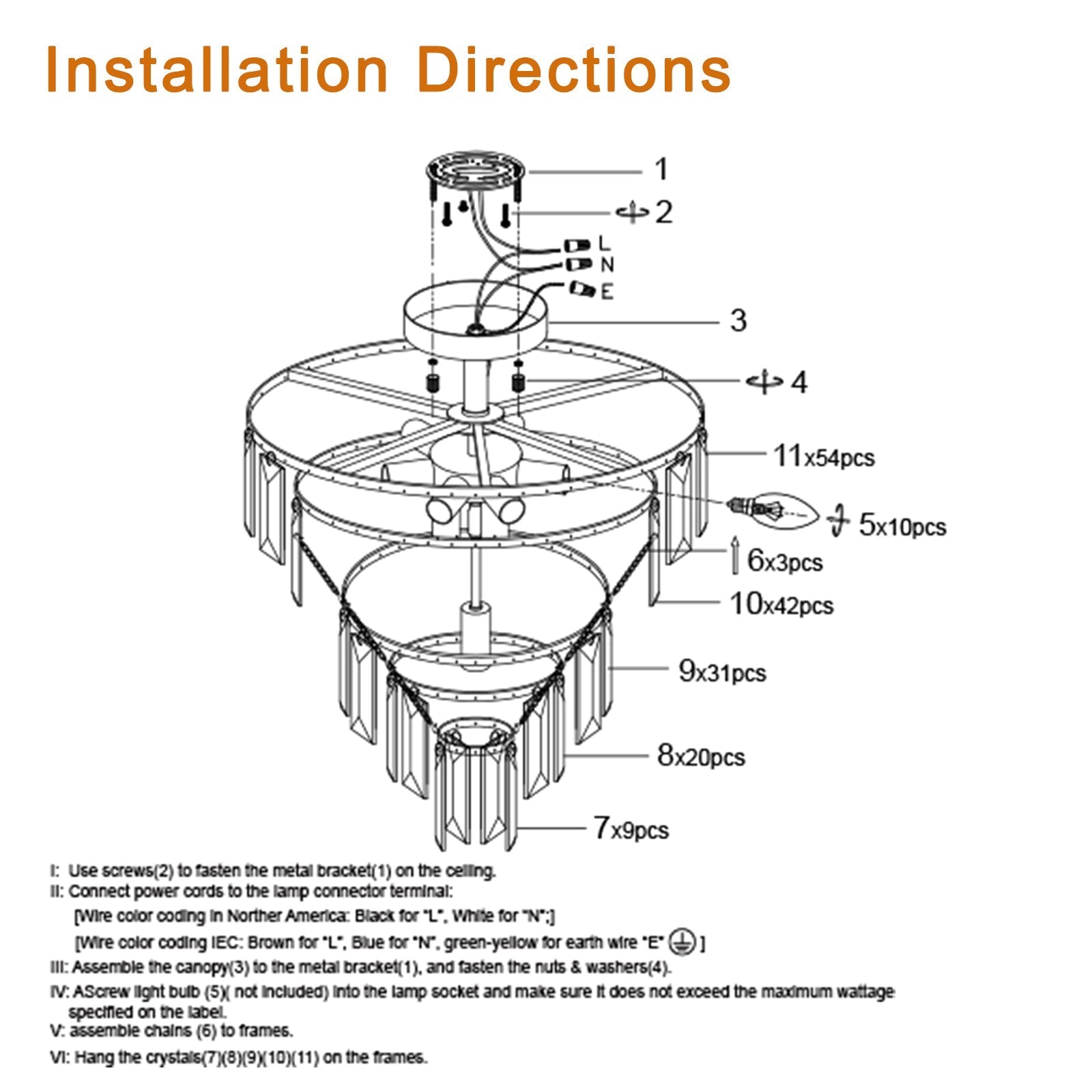 20in Black Crystal Chandelier Ceiling Light installation guide with canopy and crystals on Tampa Home & Garden Store