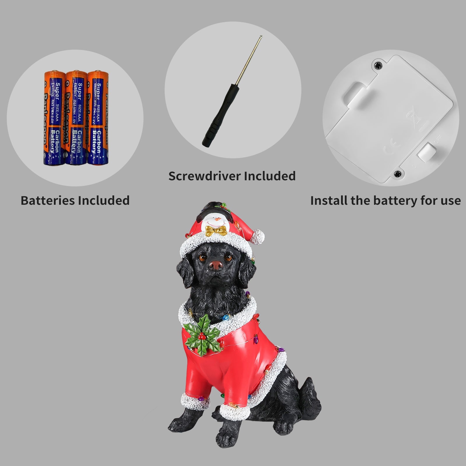 Christmas Dog Statue by HouseOfZazla: black dog in red Santa suit with white fur trim on Tampa Home & Garden Store