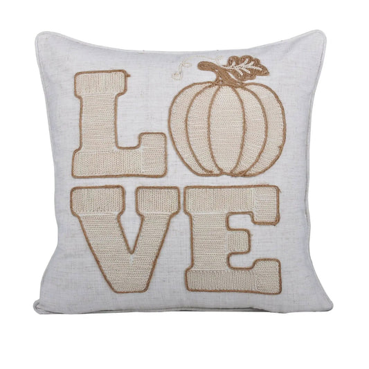 Love Pumpkin Embroidered Throw Pillow natural linen with knitted pumpkin by Unique Piece on Tampa Home & Garden Store