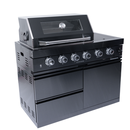 Black four-burner gas grill in stainless steel with hood thermometer and chrome knobs on Tampa Home & Garden Store