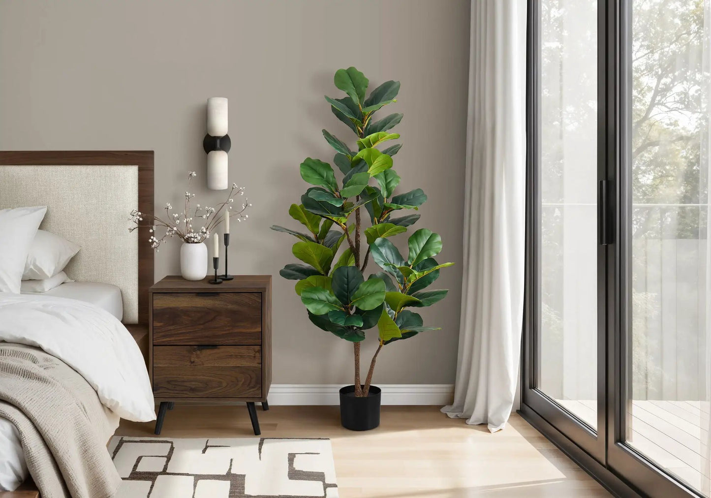 Fiddle leaf fig artificial plant in black pot; tall indoor greenery with real-touch leaves on Tampa Home & Garden Store