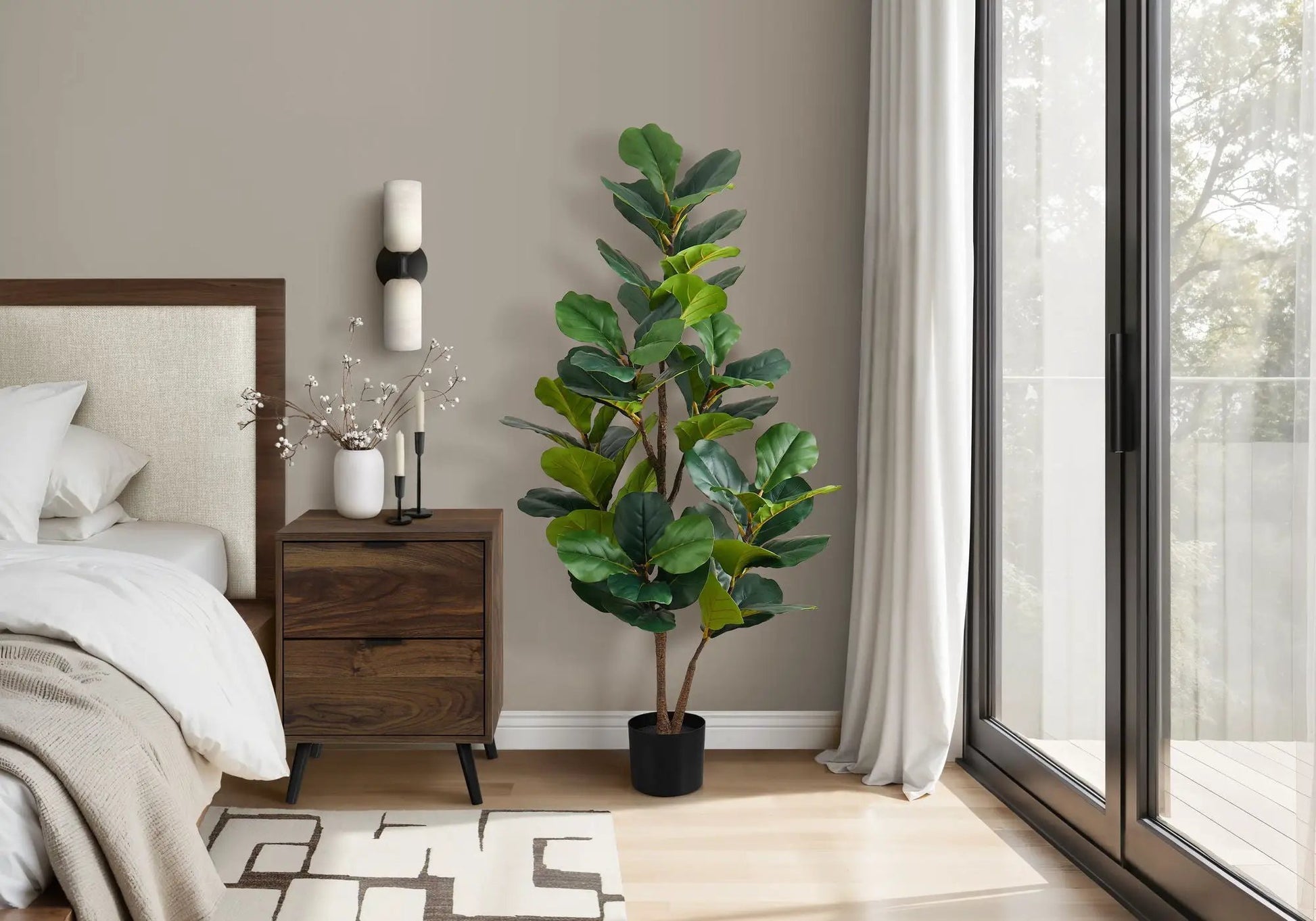 Fiddle leaf fig artificial plant in black pot; tall indoor greenery with real-touch leaves on Tampa Home & Garden Store