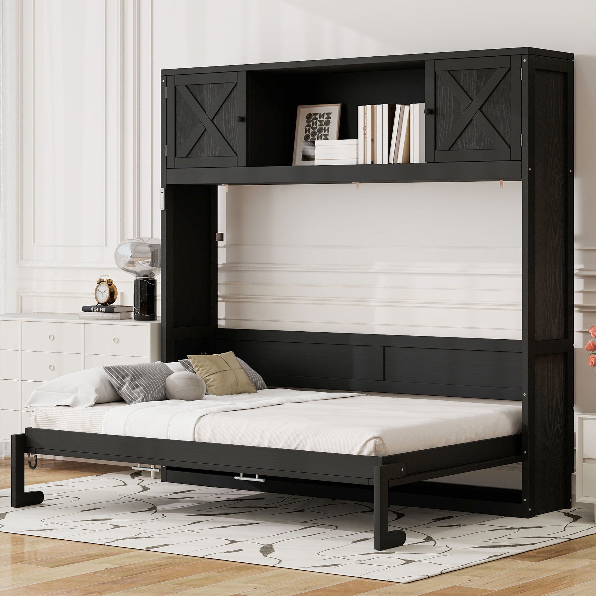 Murphy bed with storage cabinets in black wood, HouseOfZazla storage bed on Tampa Home & Garden Store