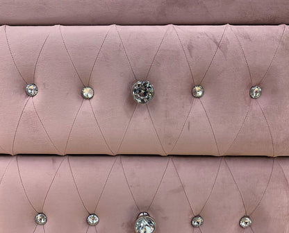 Reggie pink tufted chest accent table with diamond stitching and crystal button accents on Tampa Home & Garden Store
