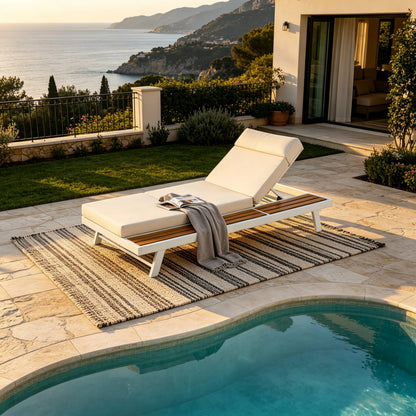 White Iron and Teak Finish Outdoor Lounge Set