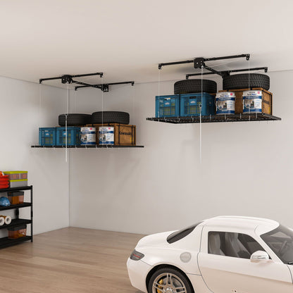 Overhead garage storage rack with crank system in black ceiling shelving storing tires and bins on Tampa Home & Garden Store