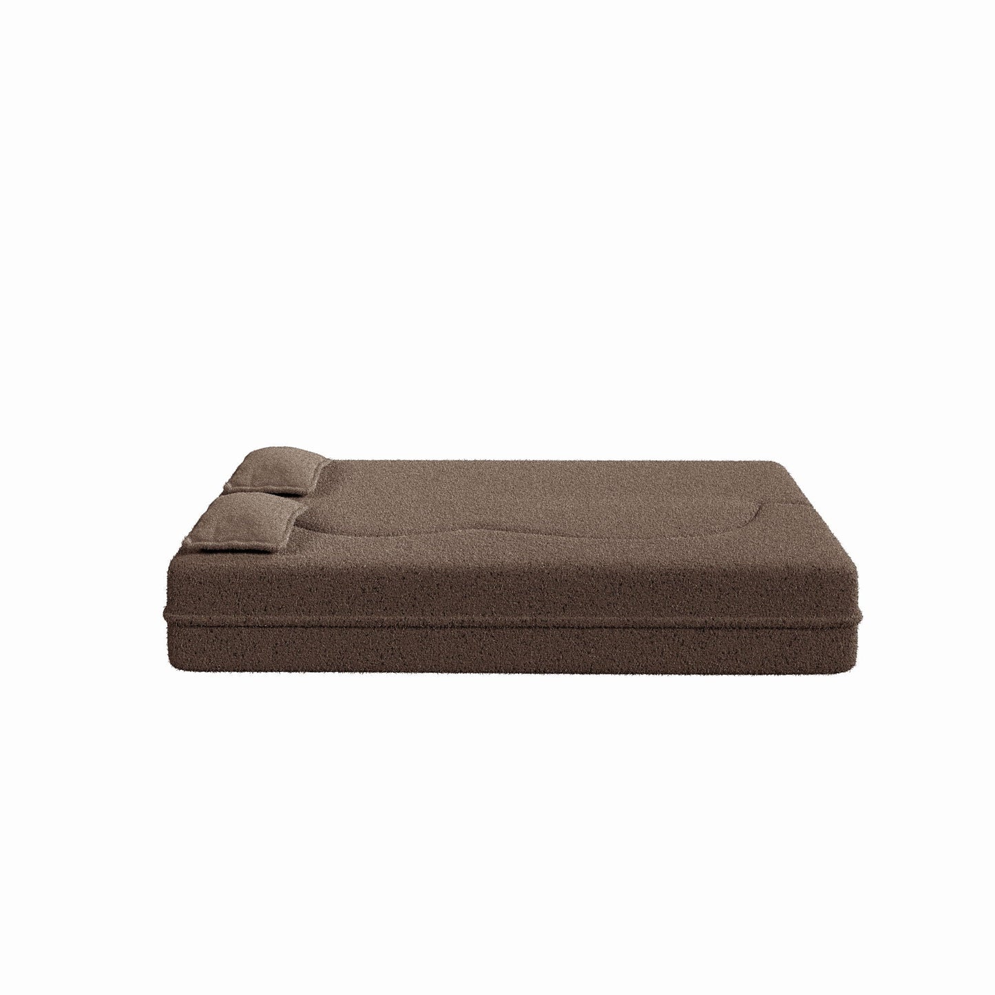 Modern floor sofa futon in brown teddy fabric with two foam-filled pillows, convertible bed on Tampa Home & Garden Store