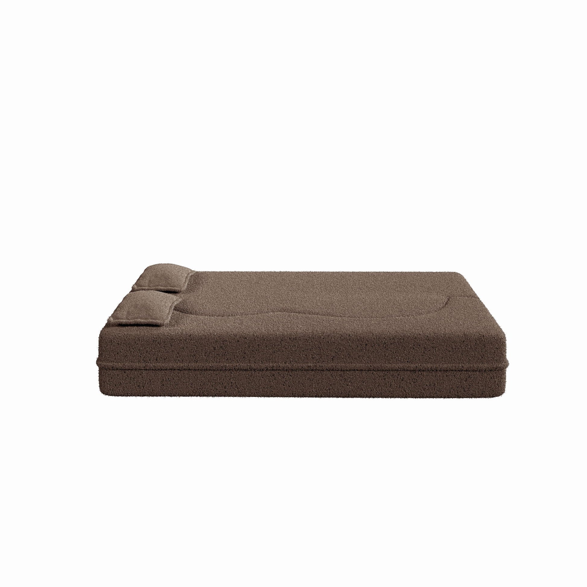 Modern floor sofa futon in brown teddy fabric with two foam-filled pillows, convertible bed on Tampa Home & Garden Store