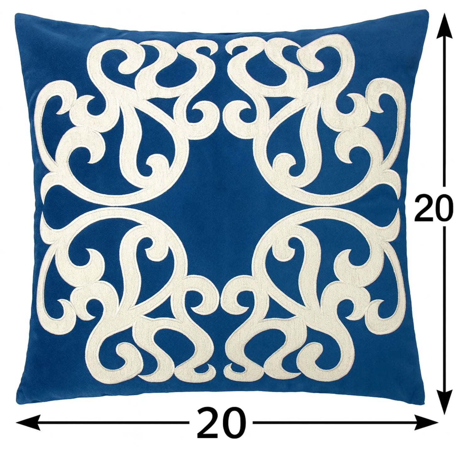 Dora Pillow Cover with Matching Back in blue fabric with white embroidered scroll motif on Tampa Home & Garden Store
