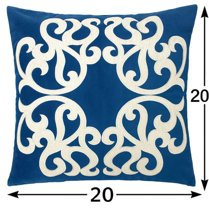 Dora Pillow Cover with Matching Back in blue fabric with white embroidered scroll motif on Tampa Home & Garden Store