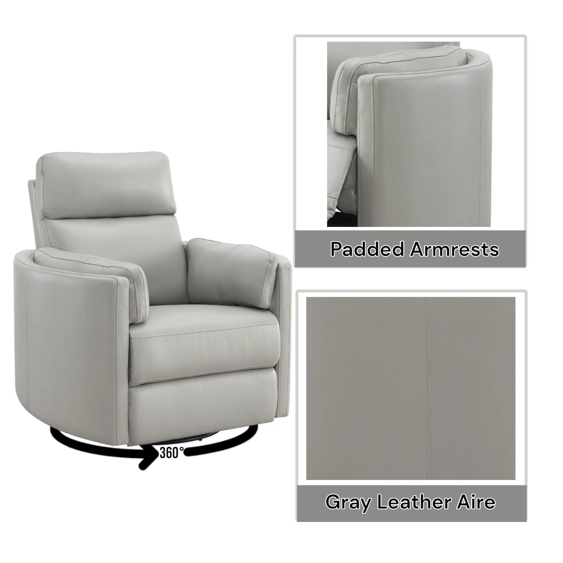 Sagen Swivel Glider Recliner gray leather with padded armrests 360° swivel on Tampa Home & Garden Store