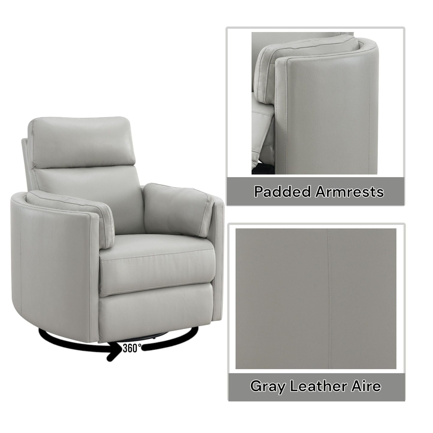 Sagen Glider Recliner with Swivel, gray leather upholstery, HouseOfZazla 360° swivel on Tampa Home & Garden Store