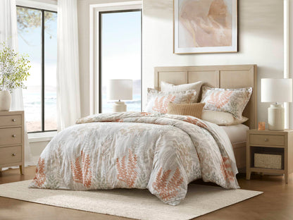 Cotton sateen duvet cover set with botanical fern print in light gray and blush for full/queen on Tampa Home & Garden Store