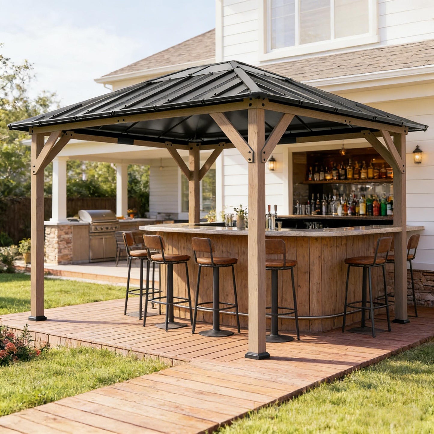 Spacious outdoor hardtop gazebo with black metal roof and wood frame over a bar with six stools on Tampa Home & Garden Store