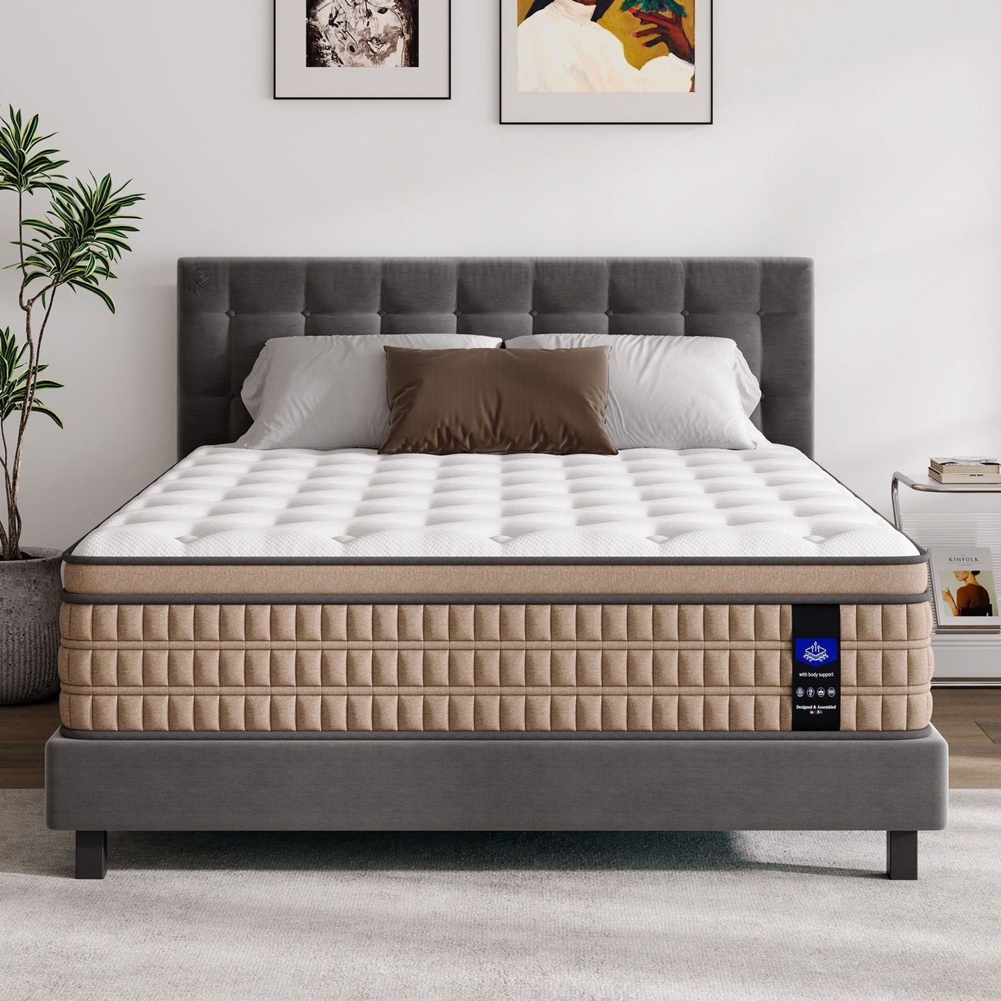 14in King Hybrid Mattress with Gel Memory Foam & Pocket Springs, beige quilted sides on Tampa Home & Garden Store
